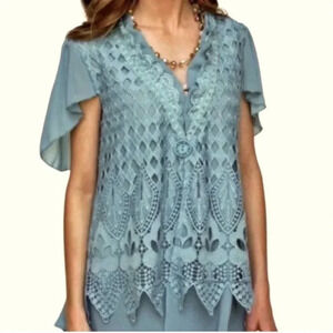 Pretty Angel | Steel gray blue button Jacket. Size Medium. NWT. Lace. Linen.